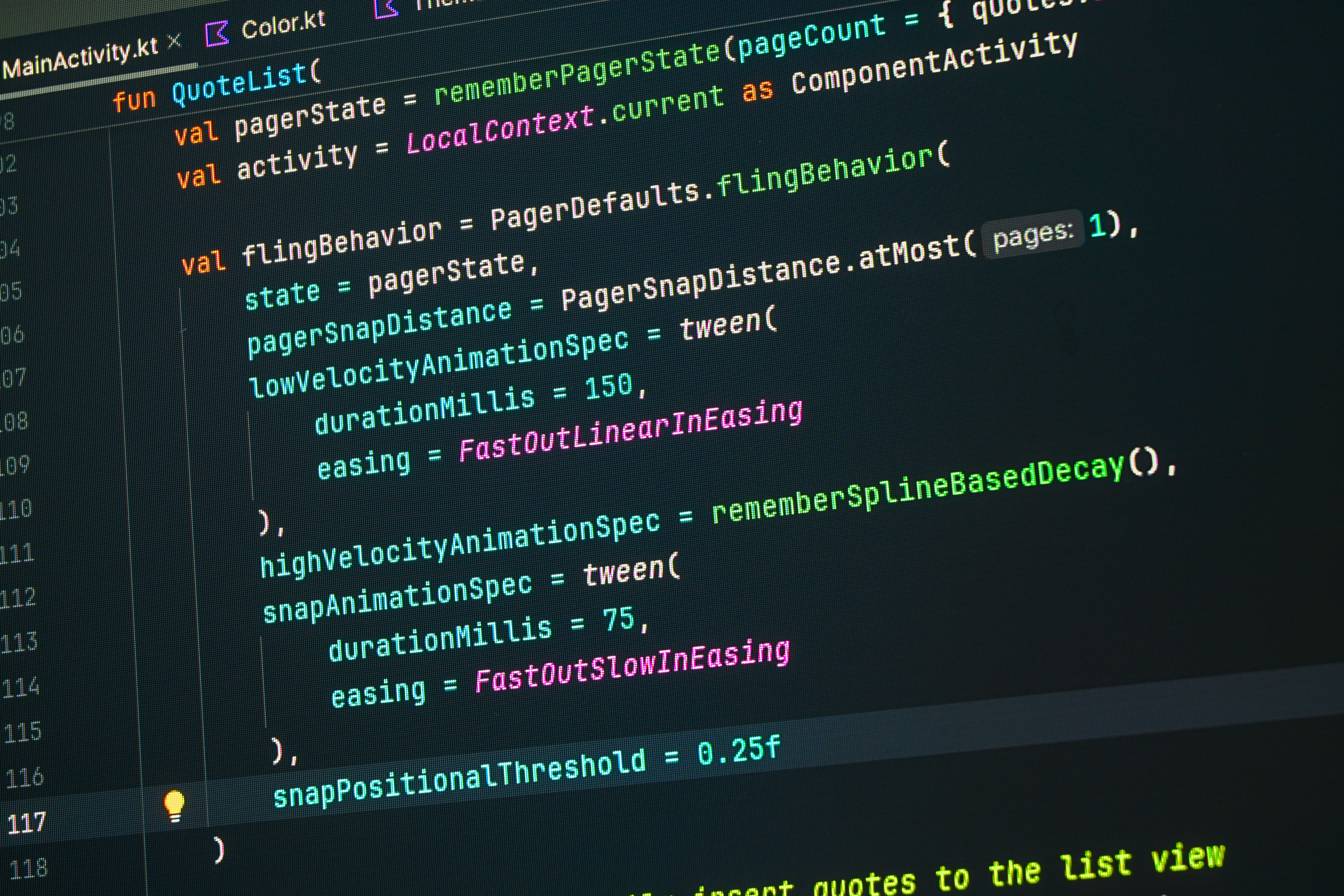 Code editor interface dark theme with colorful syntax highlighting