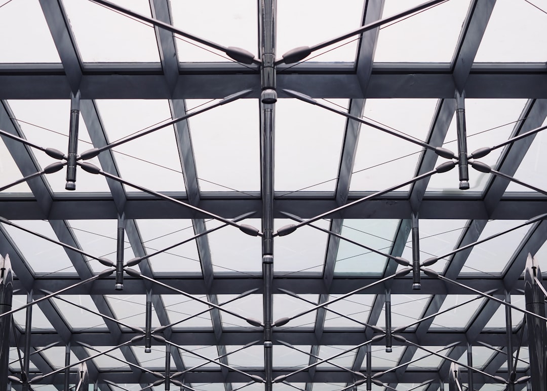 A view of the inside of a metal structure, The roof of NCPA main entrance, it is under the pool.