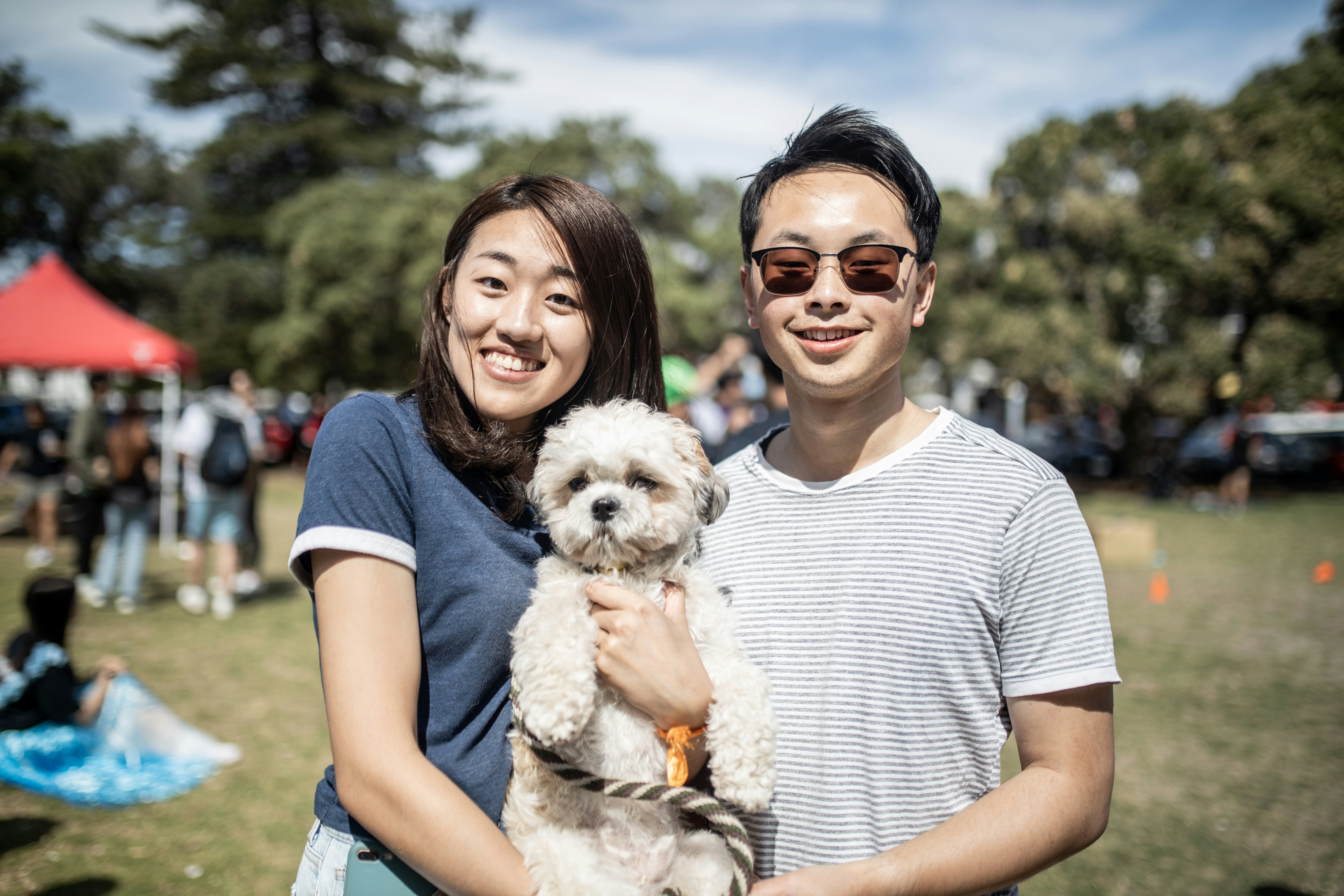 A man and woman holding a dog in a park