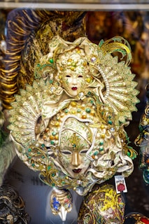 A close up of a mask on display in a store window