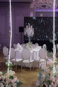 A banquet room set up for a formal function