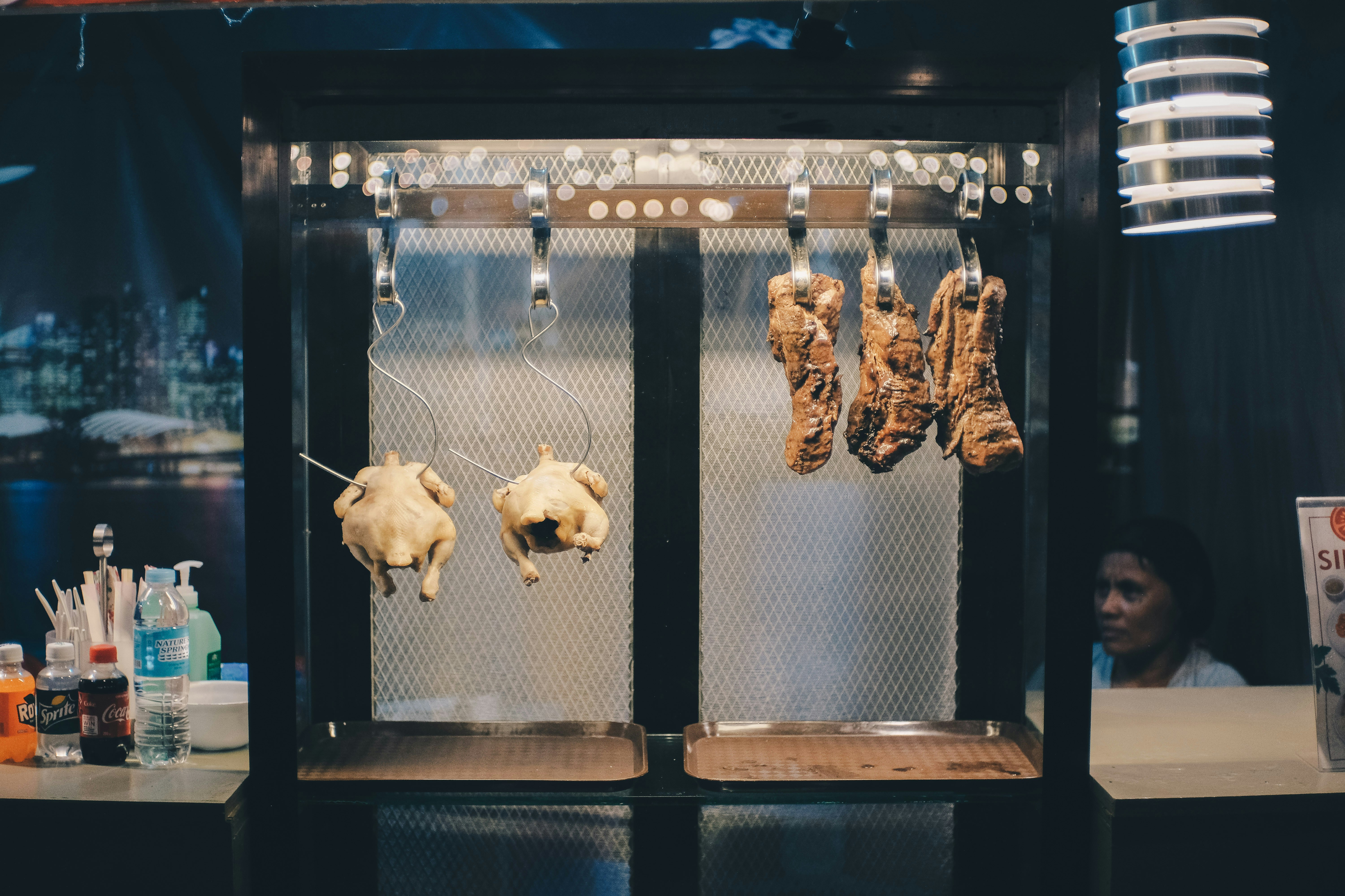 Display case with hanging food