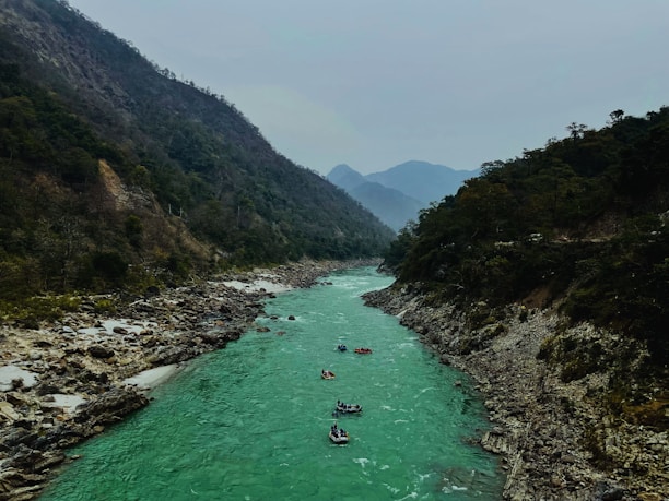 A group of people are rafting down a river