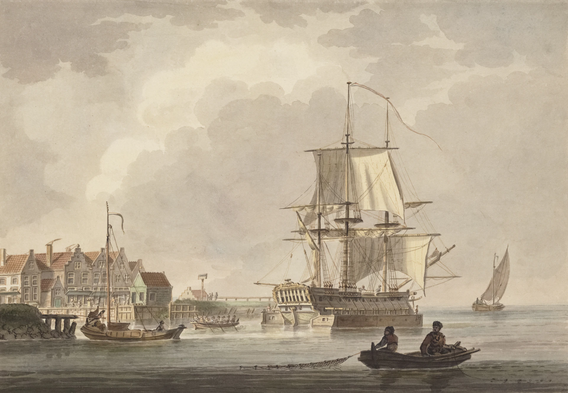 Sailing ships and boats in a harbor with buildings.