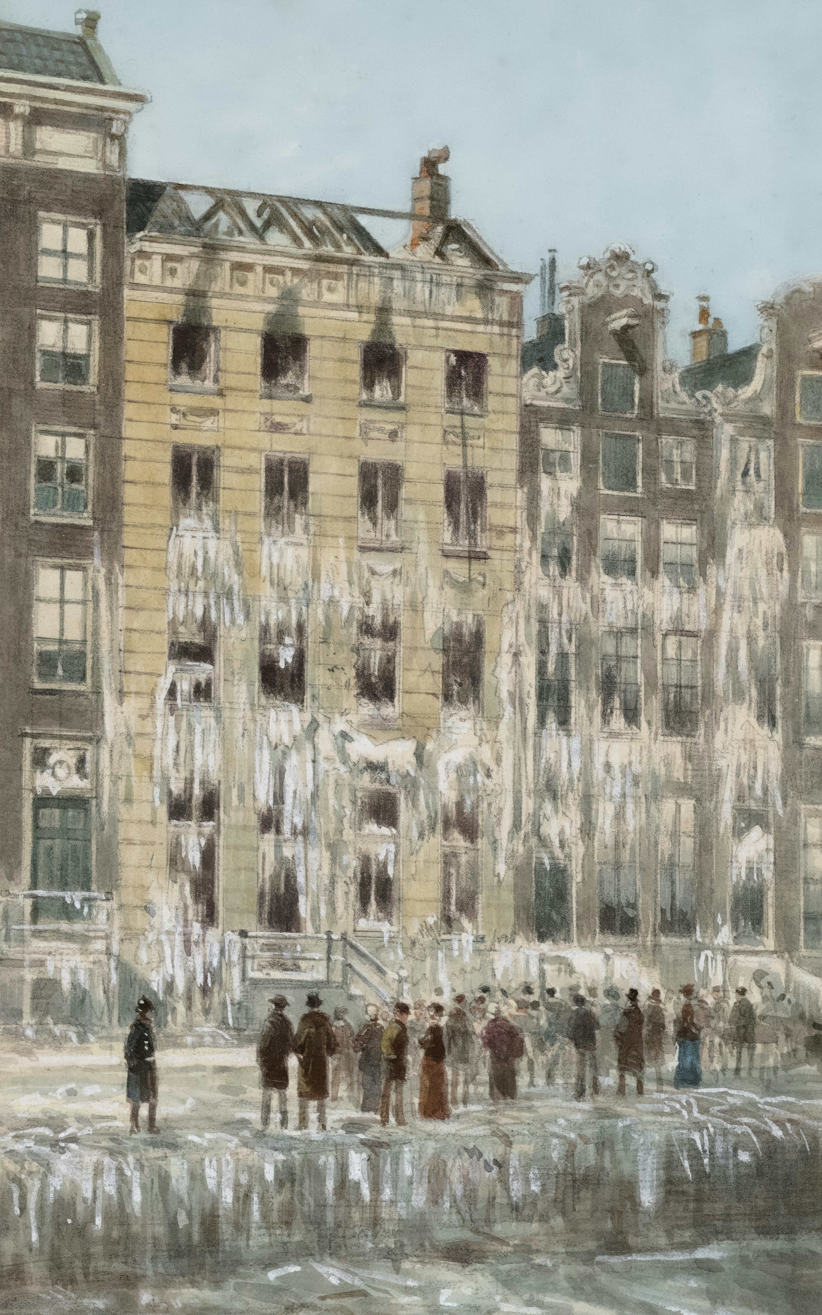 People stand before frozen buildings with icicles hanging.