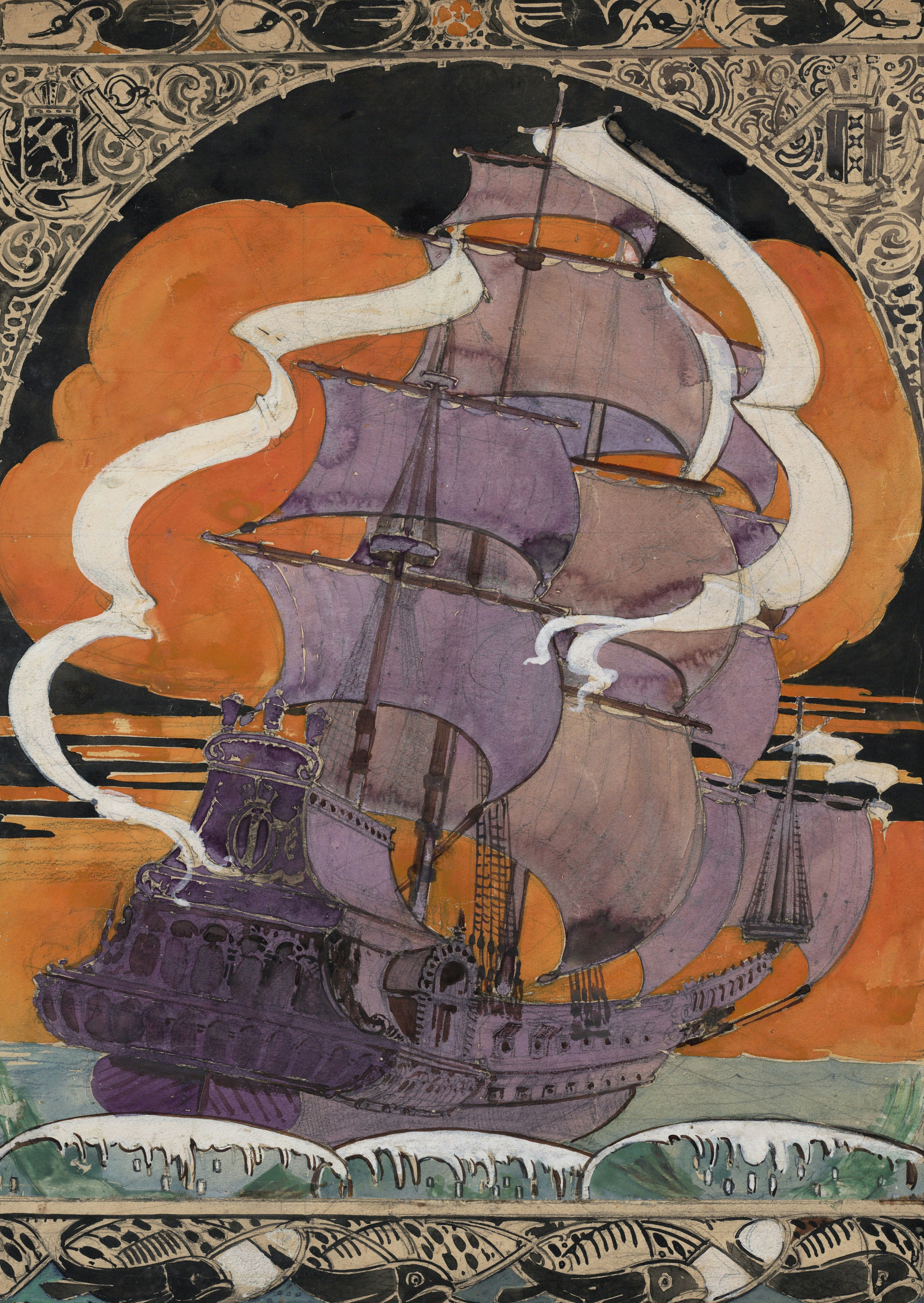 A purple galleon sails through stormy seas at sunset.