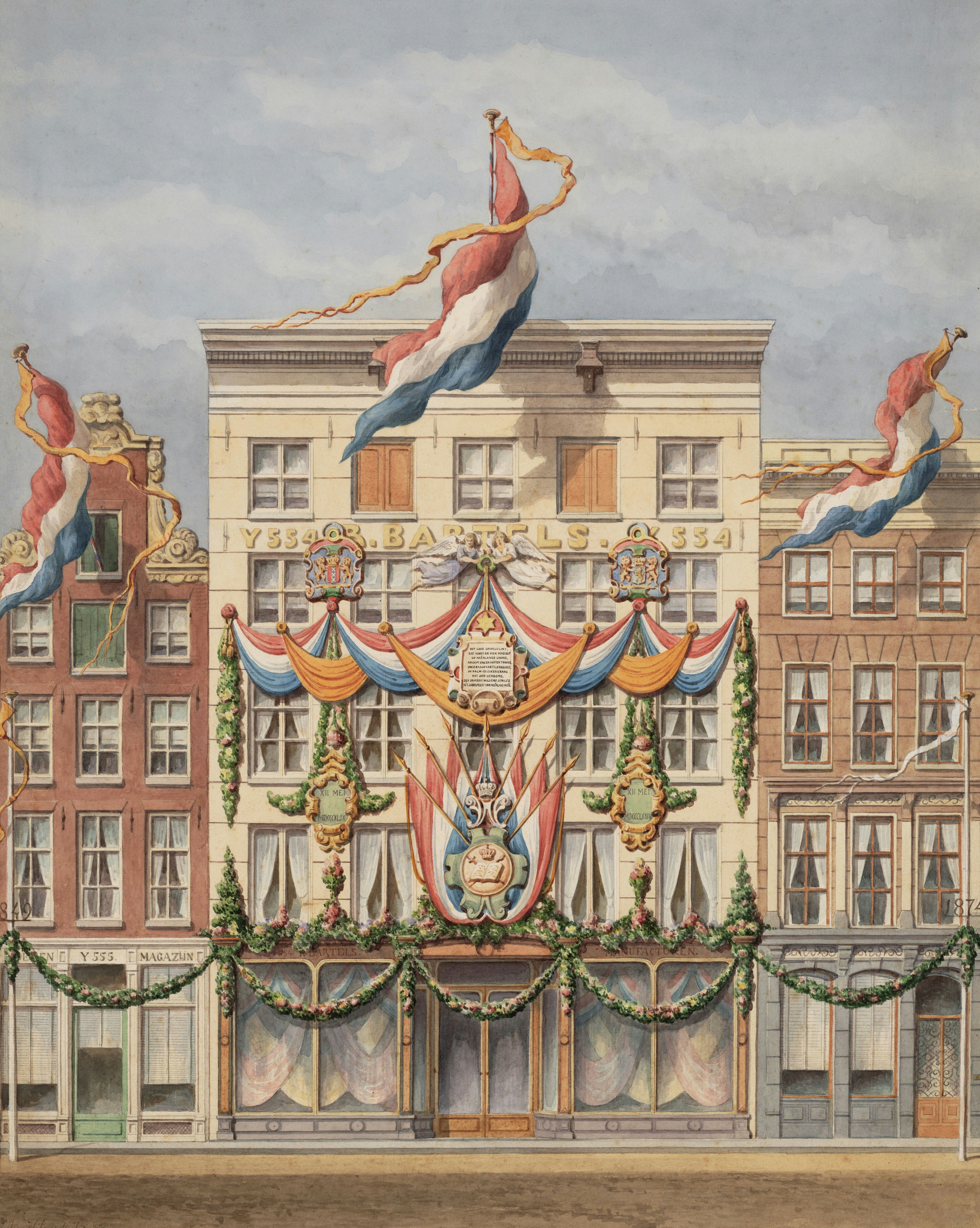 A painting of a building with a flag on top of it