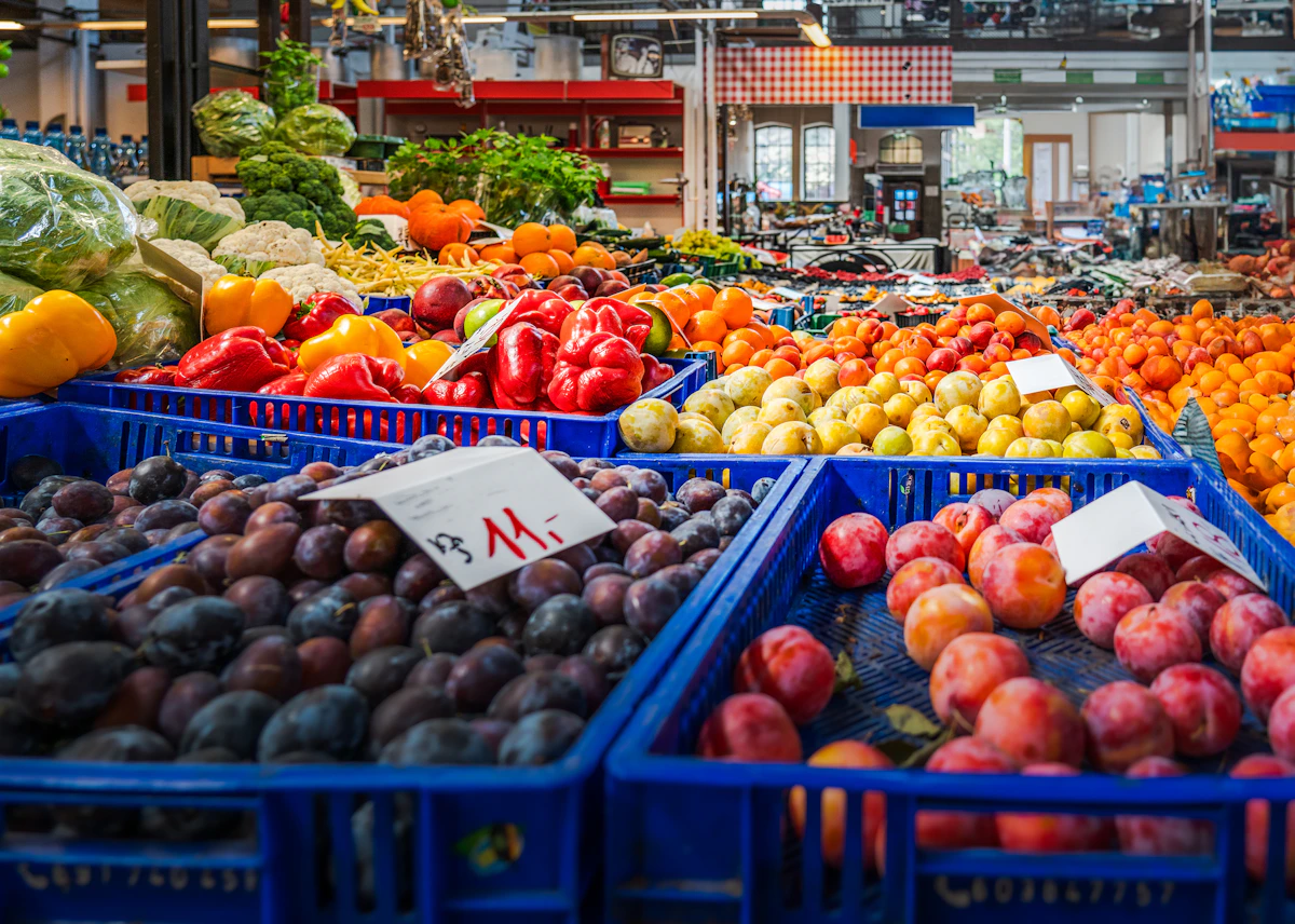 Fresh fruits and vegetables displayed at a produce market