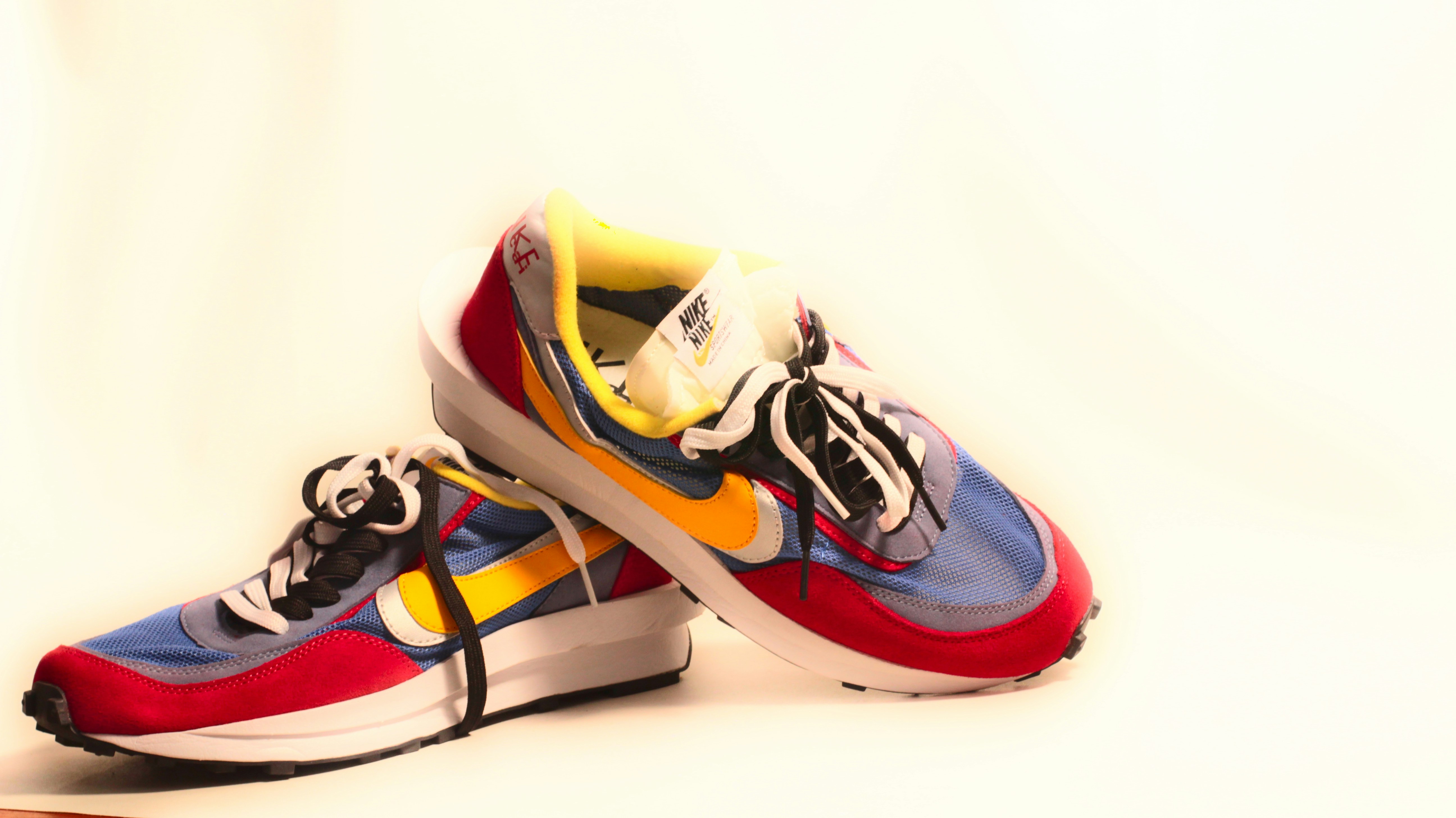 A pair of colorful sneakers on a white background