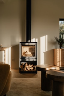 A wood burning stove in a living room