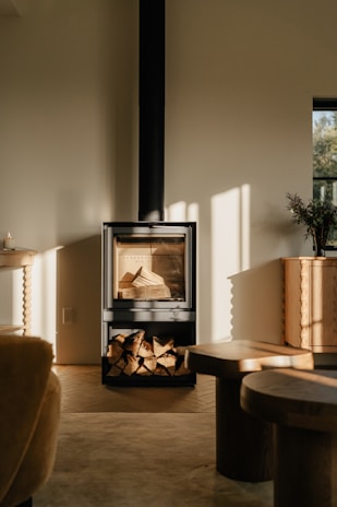 A wood burning stove in a living room