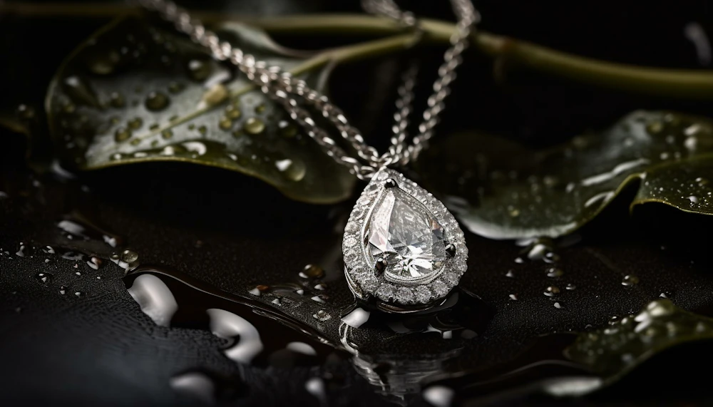 A pear-shaped diamond pendant on a fine chain, resting on a dark leaf
