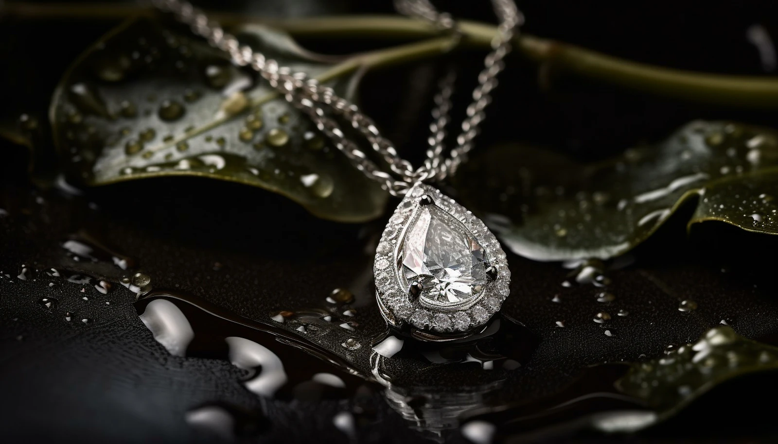A pear-shaped diamond pendant framed in small diamonds, resting on a dark wet leaf