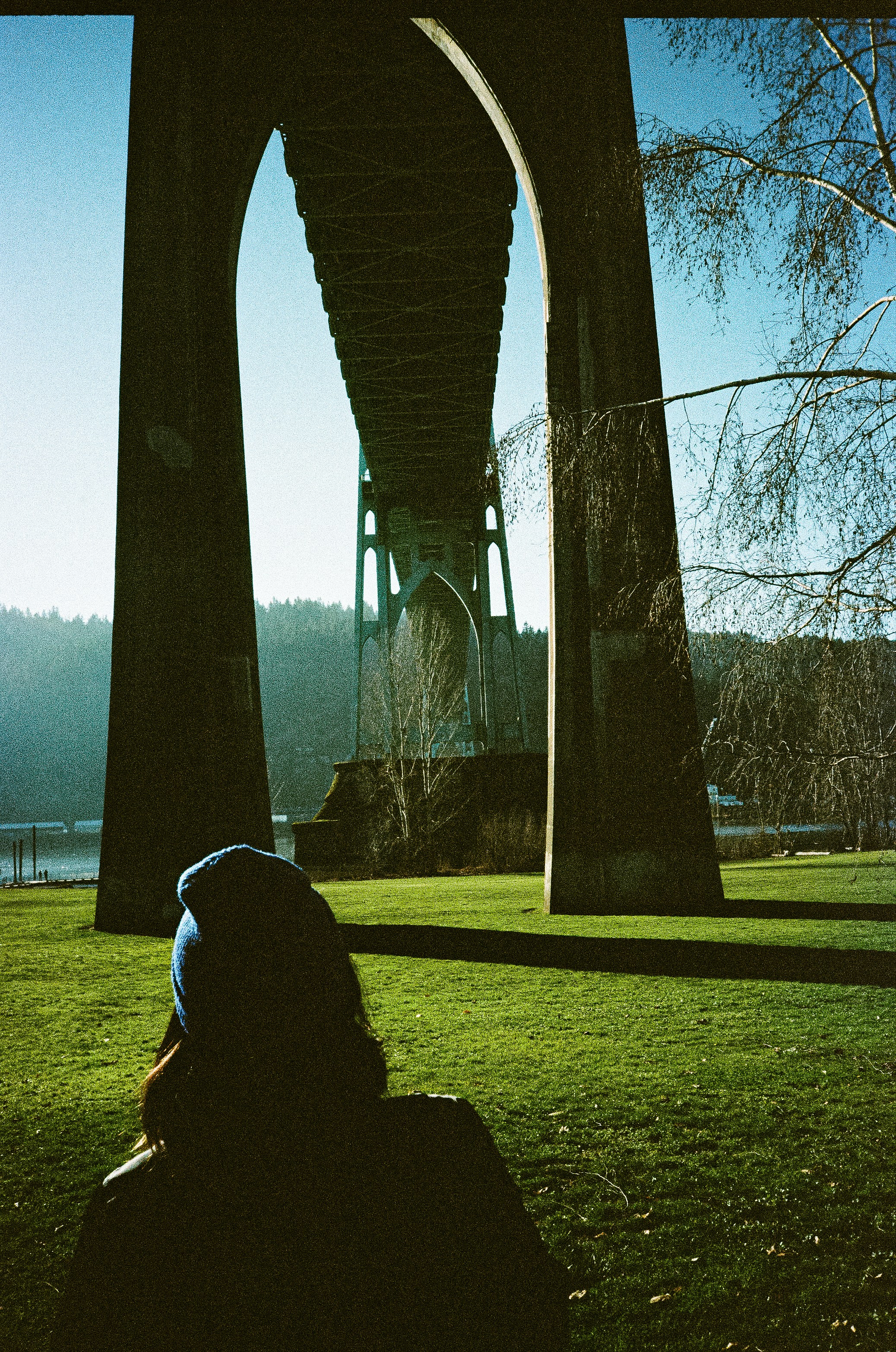 A person sitting on the grass in front of a bridge