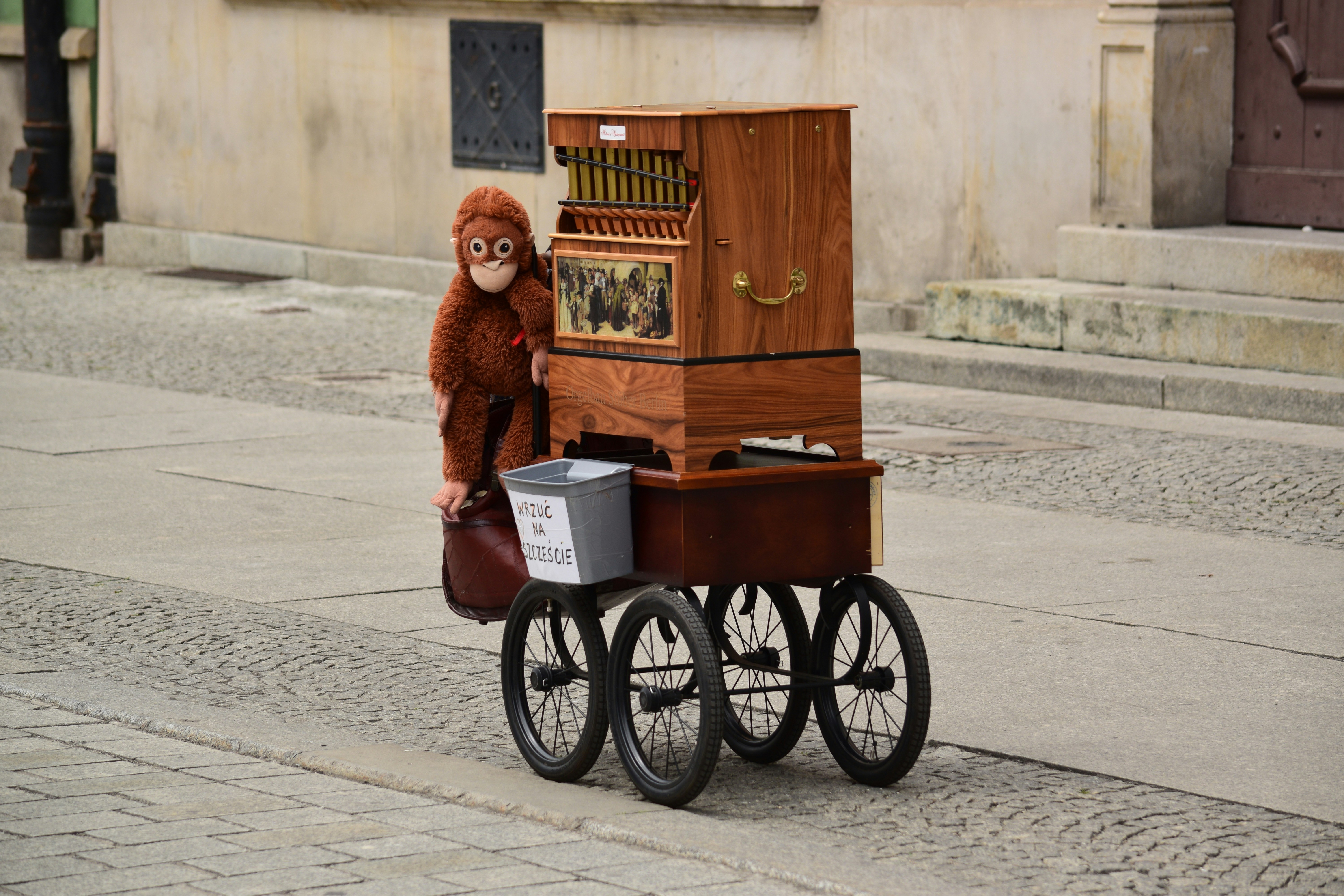 A monkey sitting on top of a wooden cart