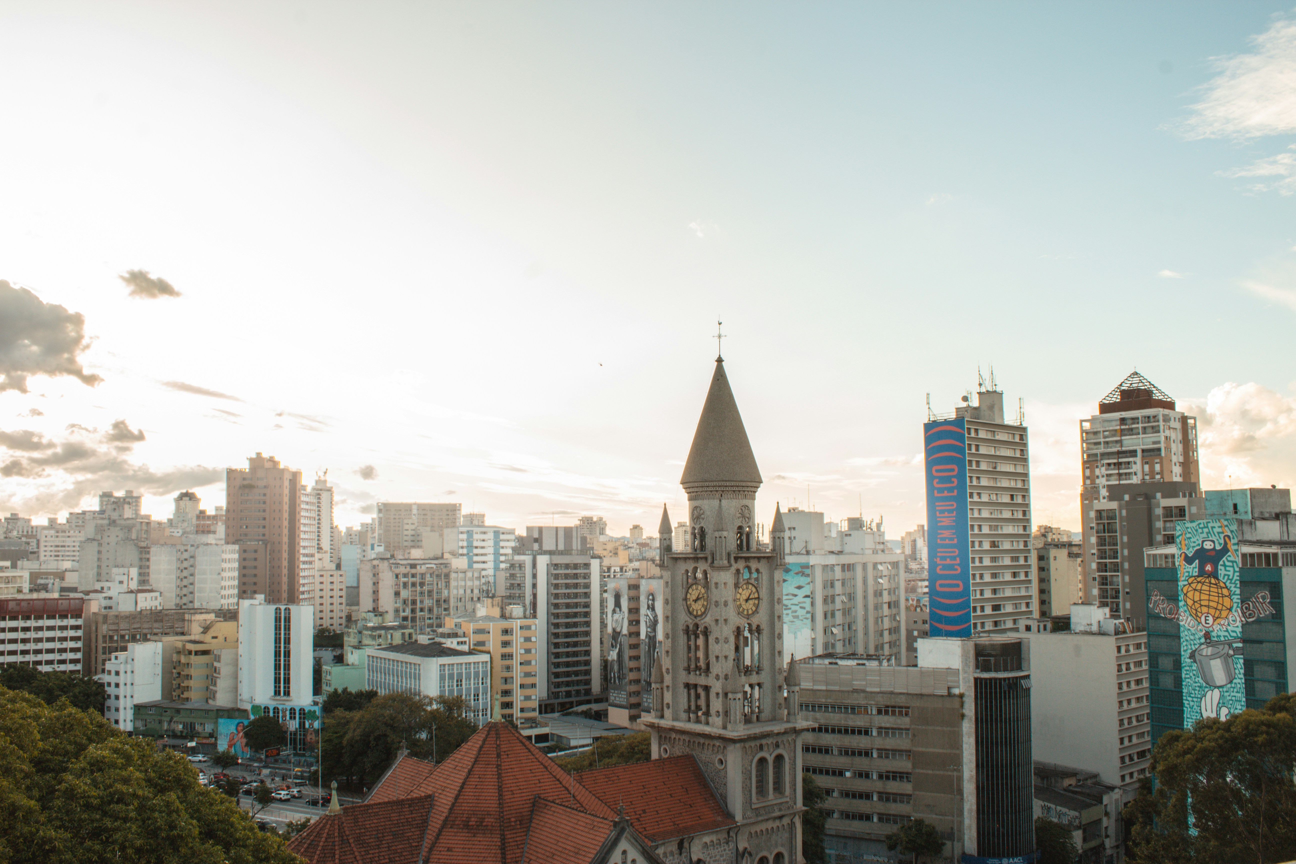 A view of a city with tall buildings