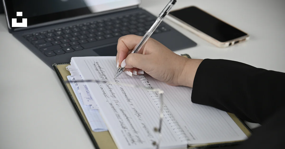 A person writing on a notebook with a laptop in the background photo ...