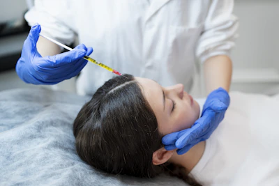 A woman getting her hair done by a hair stylist