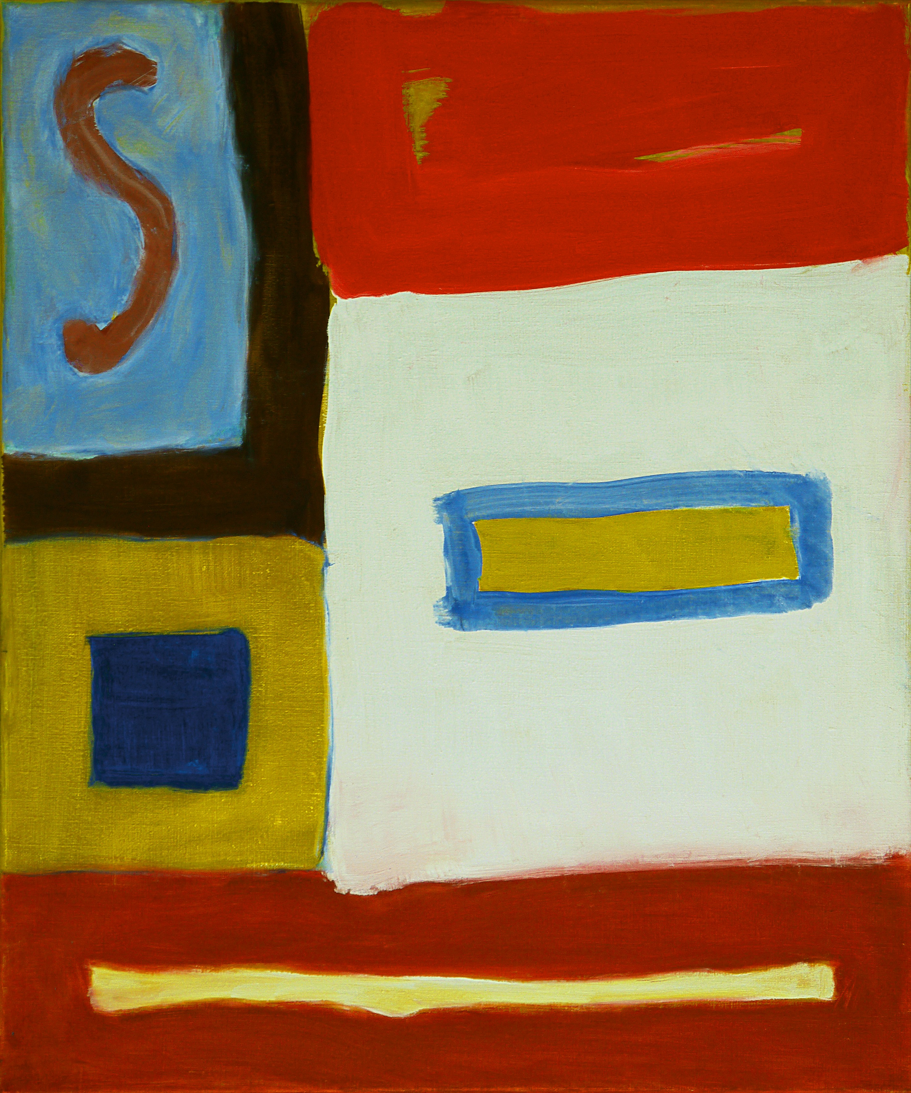 A painting of a red, yellow, and blue square