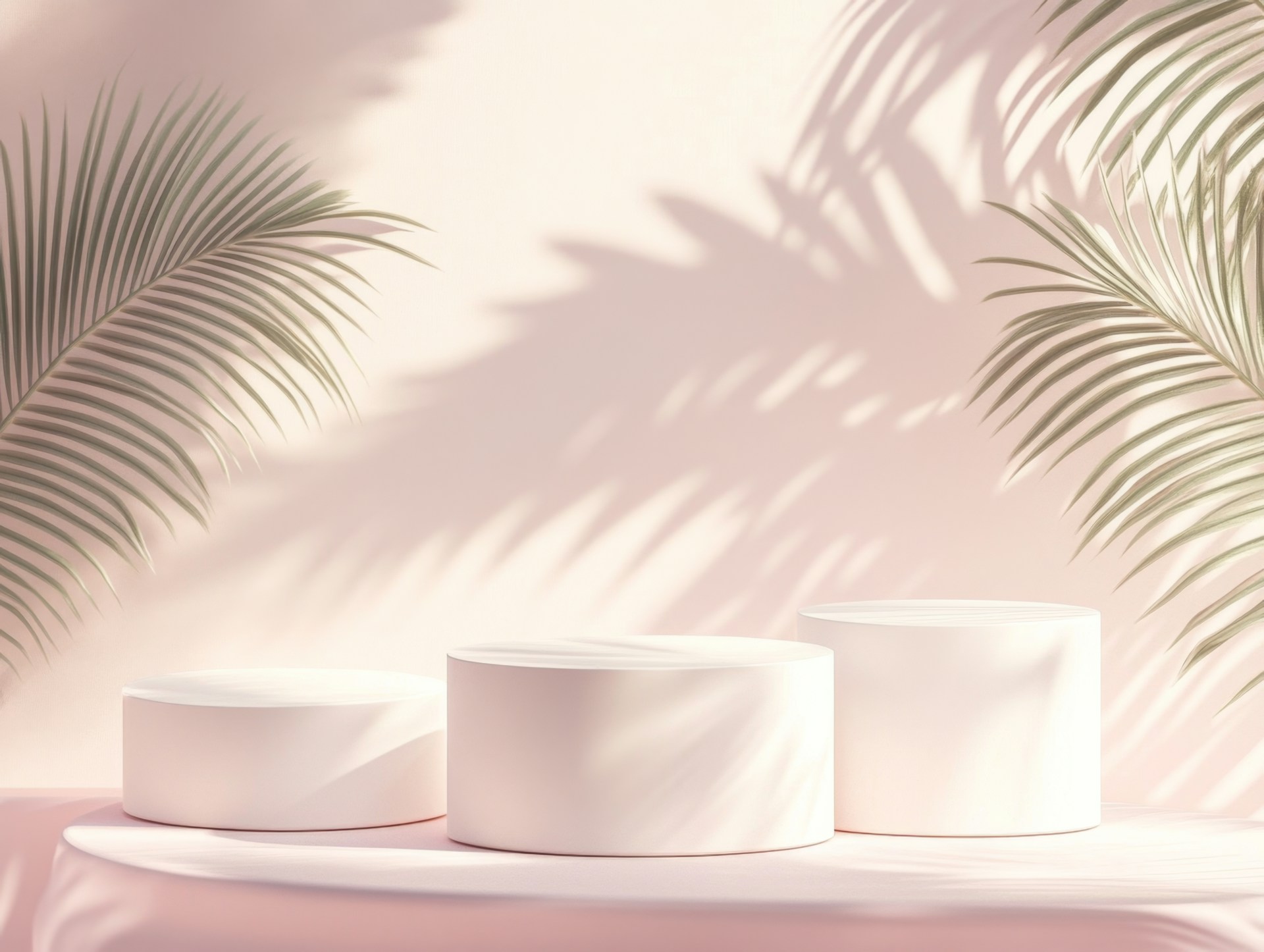 Three white cubes sitting on top of a table next to a palm tree