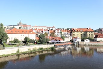 A river running through a city next to tall buildings