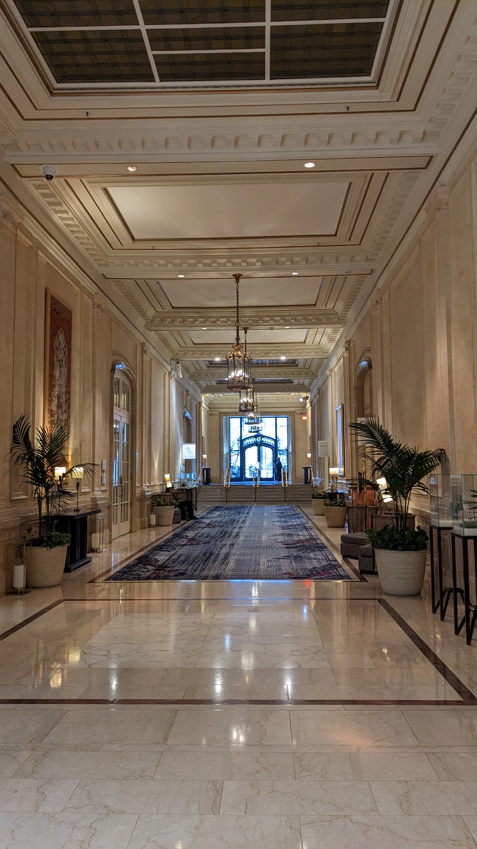 Couloir d'hôtel élégant avec lustre et tapis