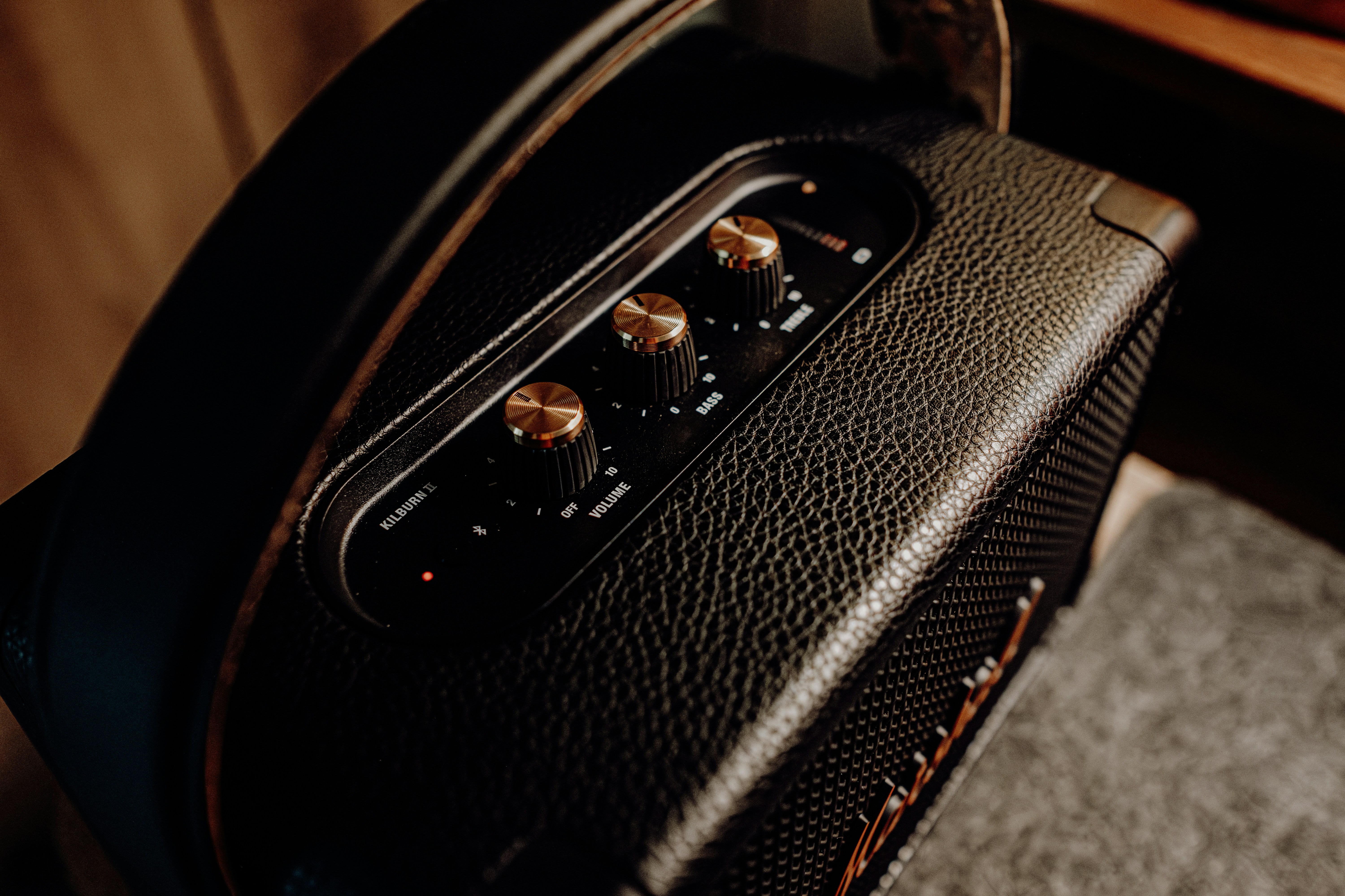 A close up of a speaker on a table