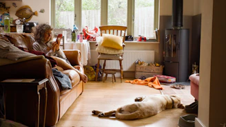 A woman on a sofa and a dog laying on the floor in a living room in a messy room