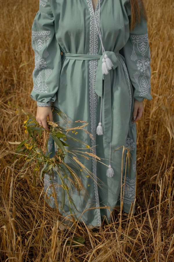 Agni Collection — Earthy bohemian embroidered dress in golden fields