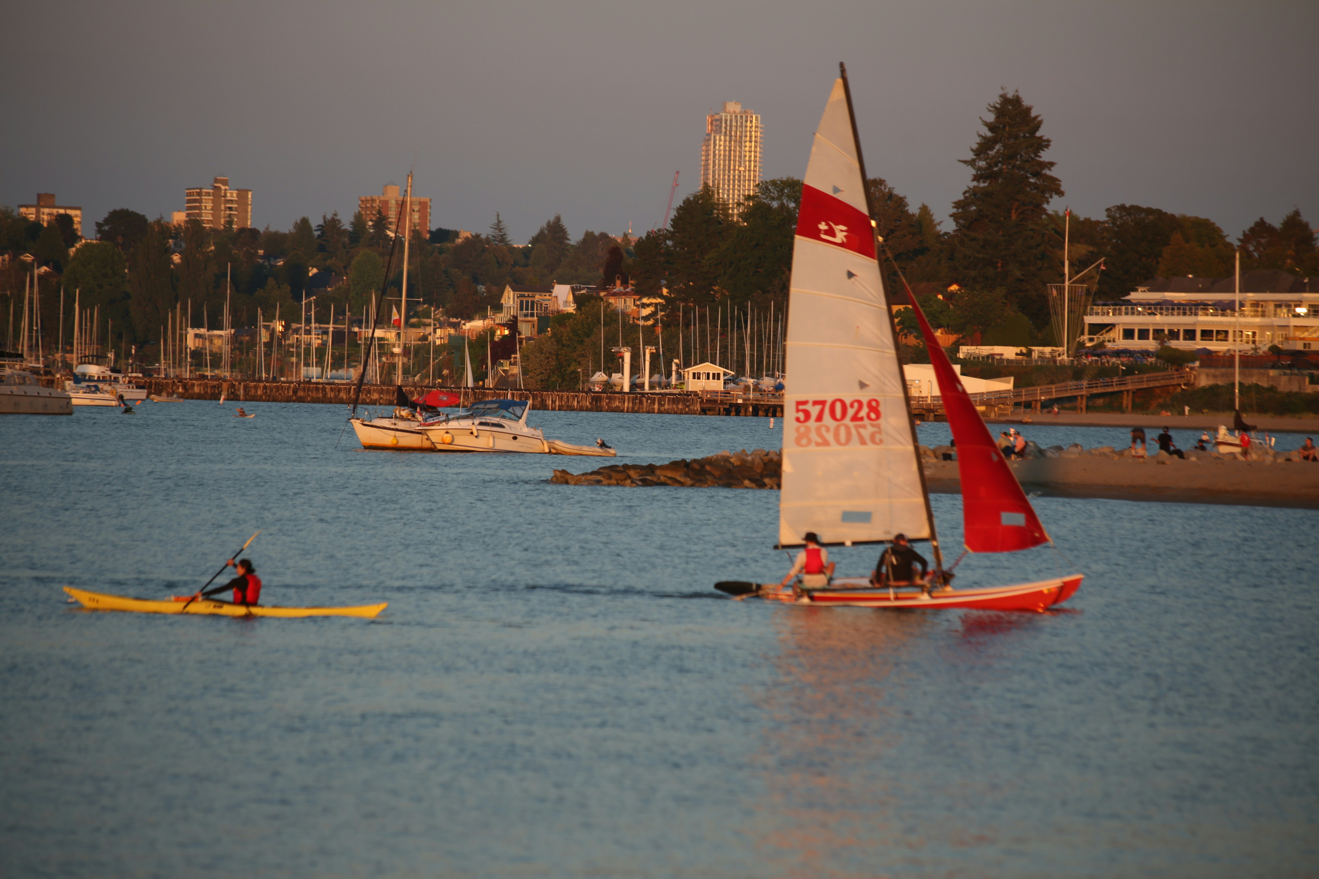 A group of people riding sailboats on top of a body of water