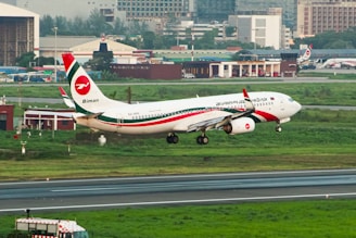 A large jetliner taking off from an airport runway