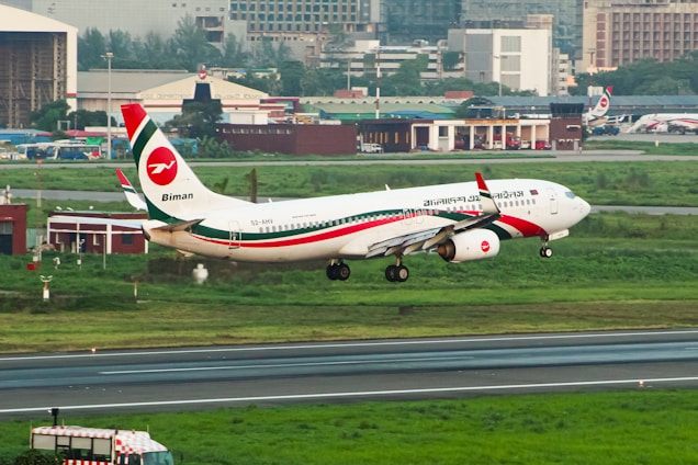 A large jetliner taking off from an airport runway