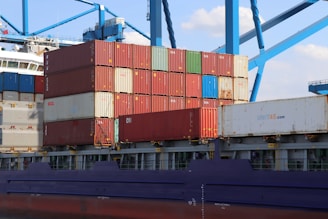A cargo ship loaded with containers in the ocean