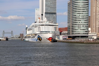 A body of water with a city in the background