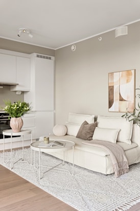 A living room filled with furniture and a white rug
