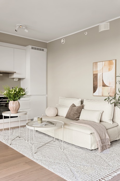 A living room filled with furniture and a white rug