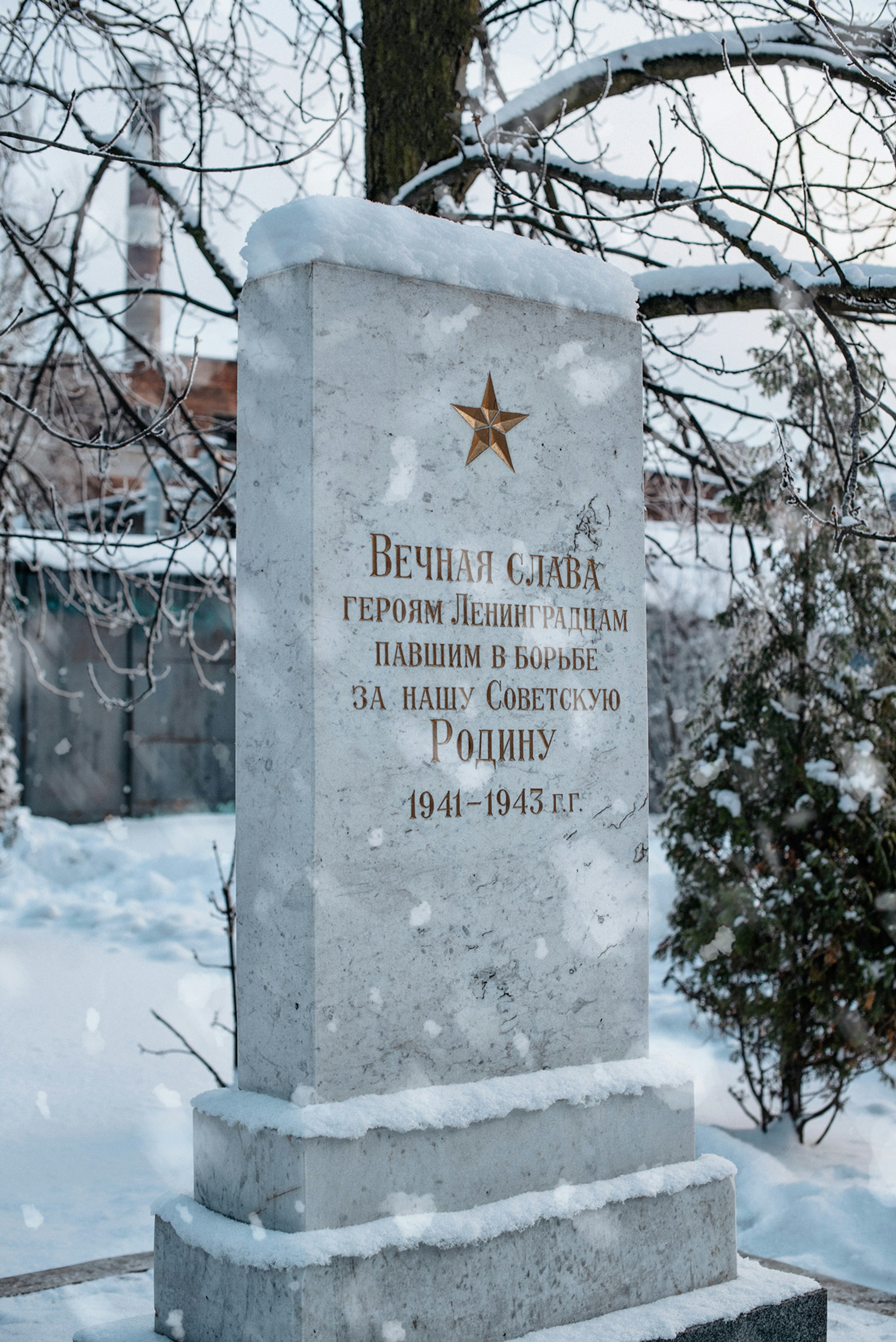 A monument with a star on it in the snow