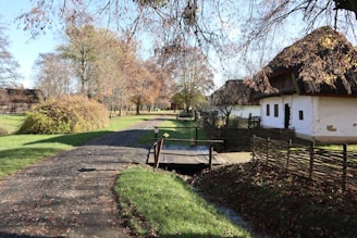 A white house with a thatched roof next to a dirt road