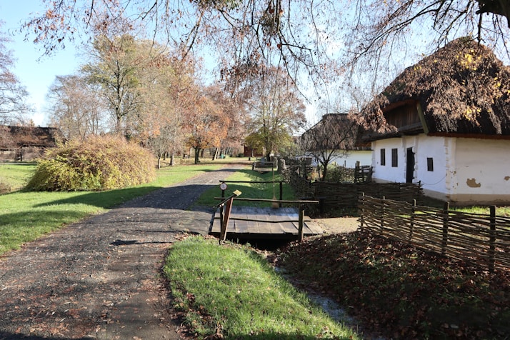 A white house with a thatched roof next to a dirt road
