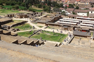 An aerial view of a village with a green field