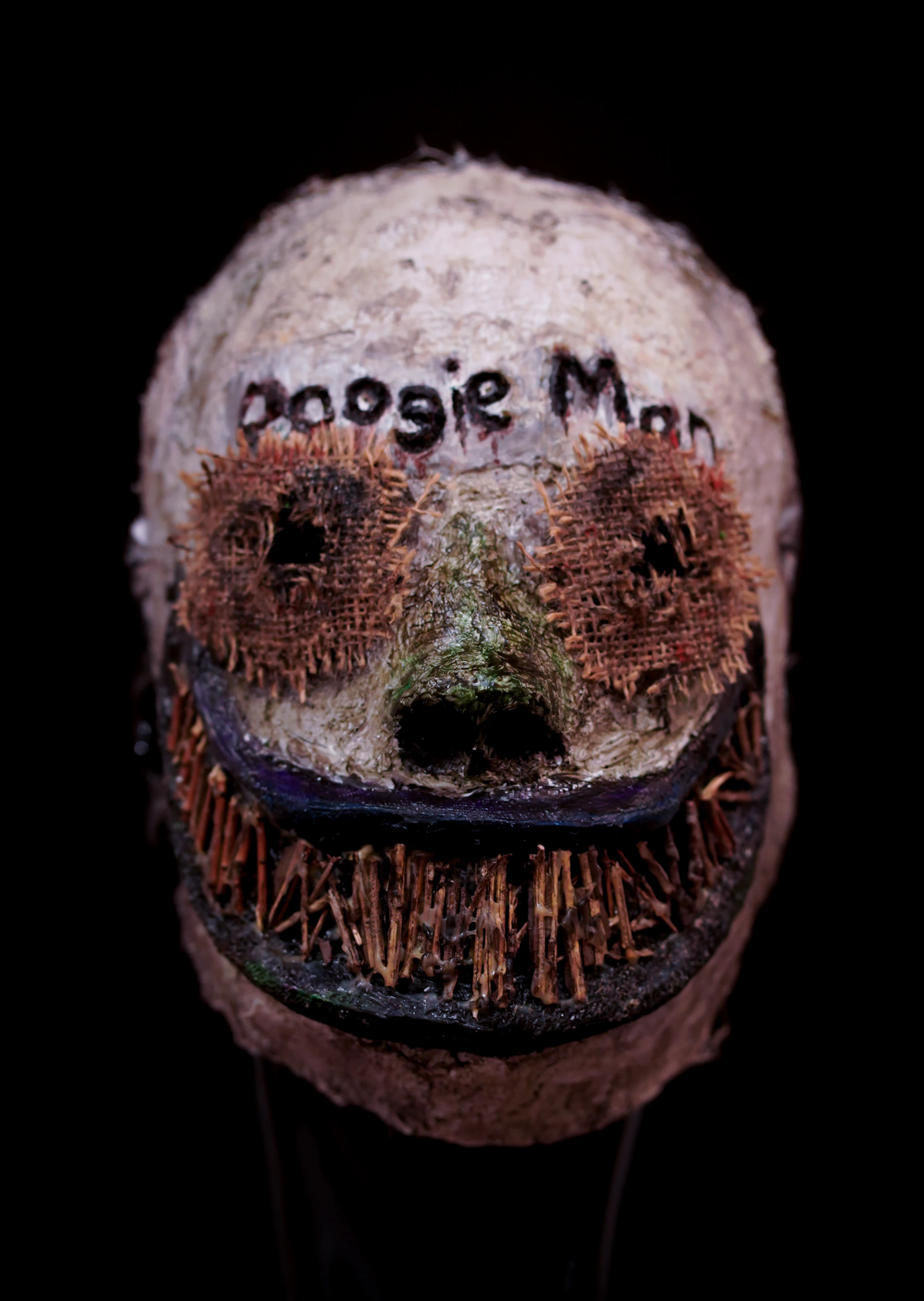 A close up of a face with words on it
