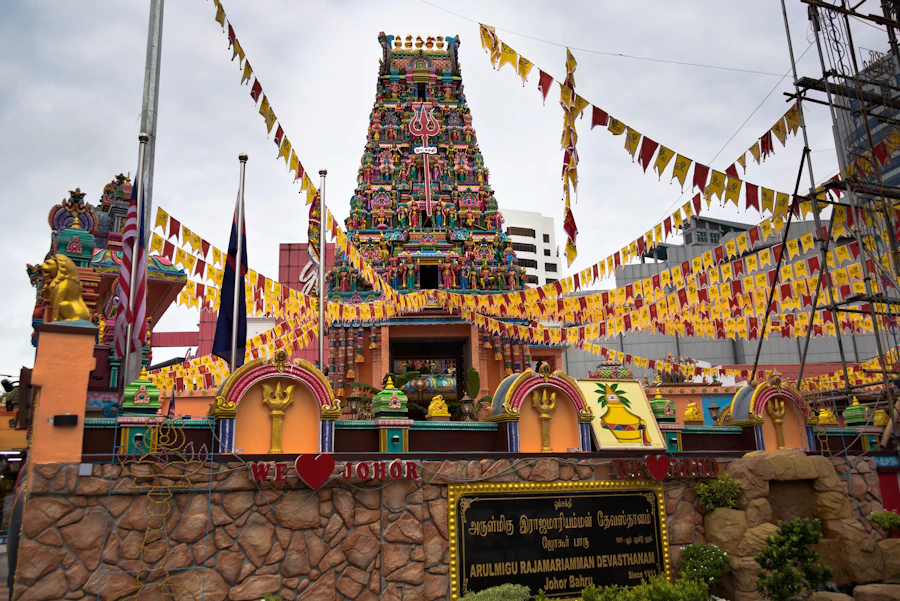Colorful kolam pattern drawn outside a temple entrance