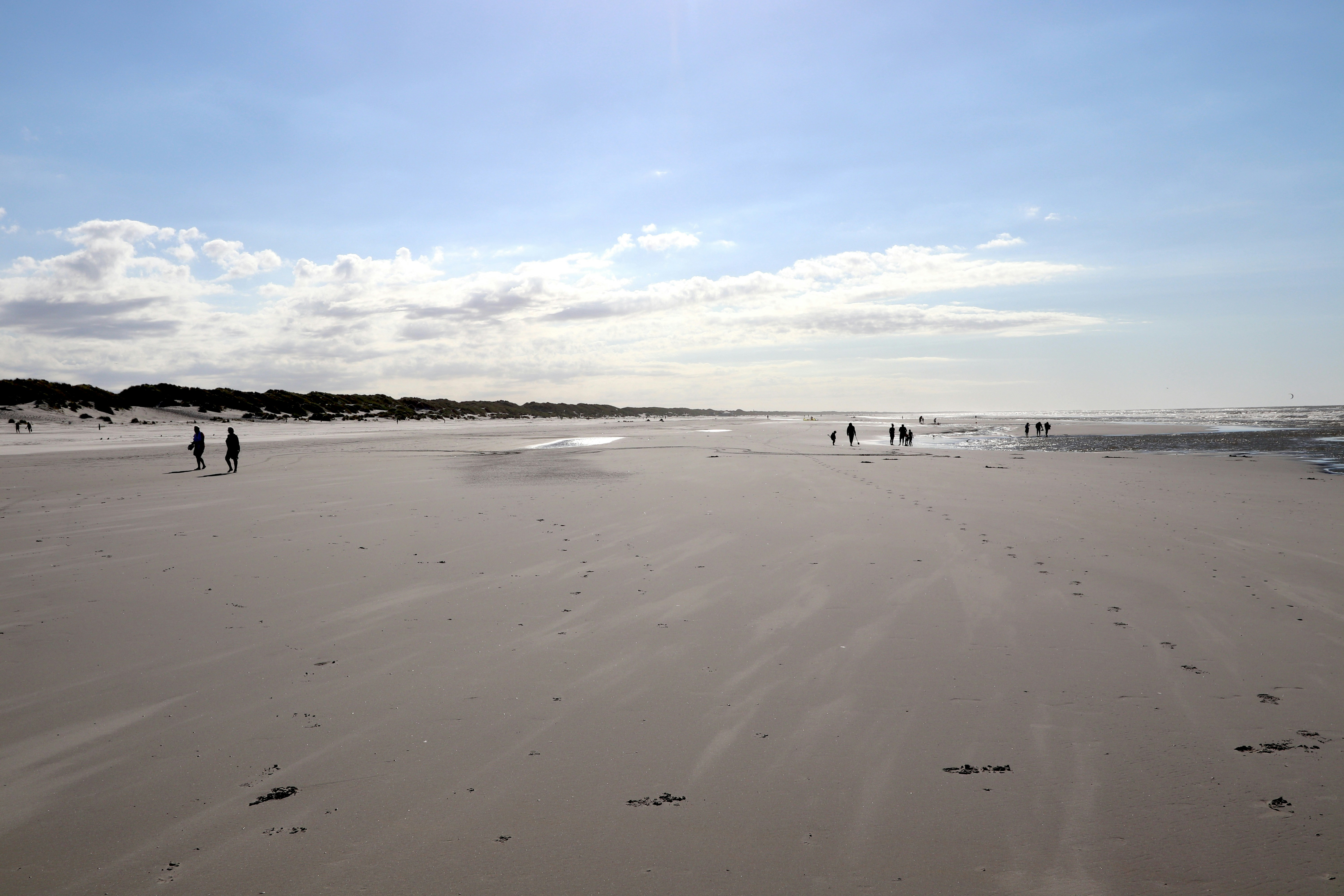 A group of people walking across a sandy beach