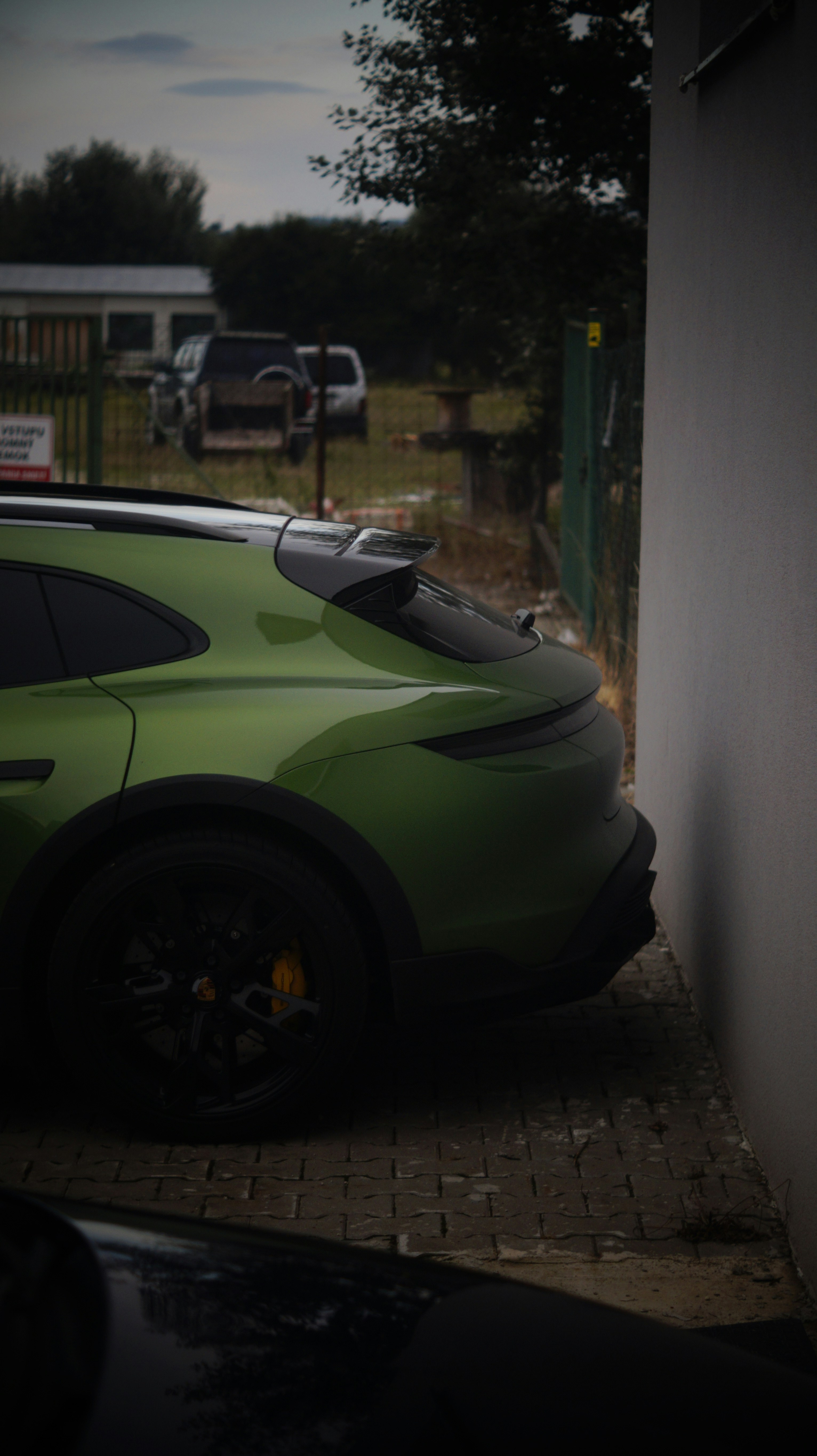 A green sports car parked in a driveway