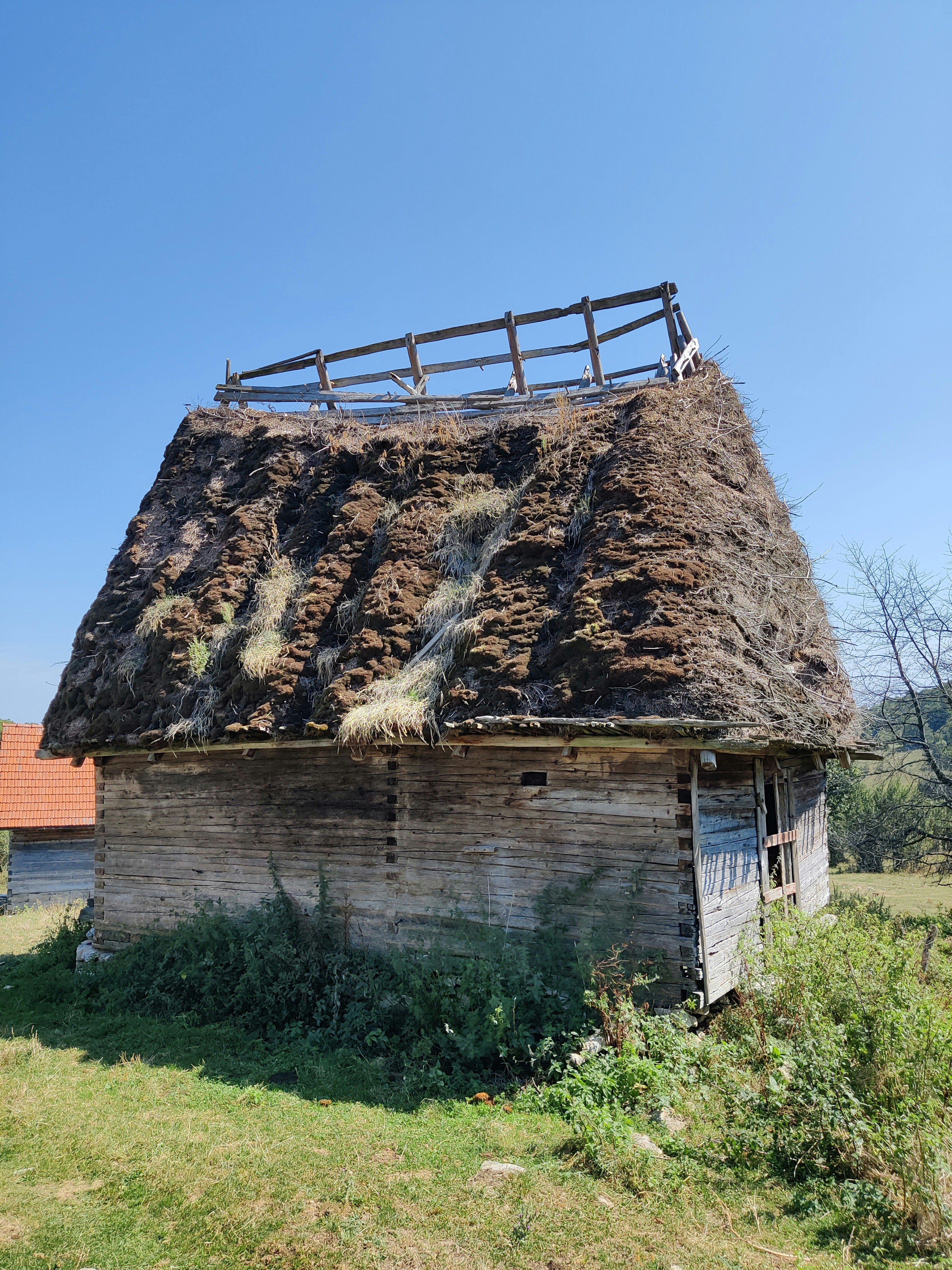 An old building with a thatched roof in a field