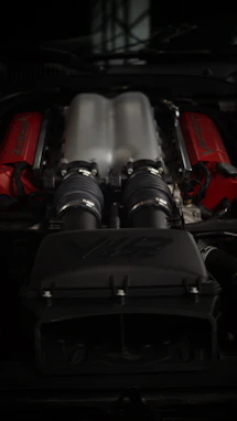 A close up of the engine of a car