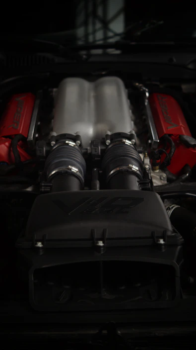 A close up of the engine of a car