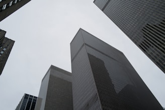 Looking up at tall buildings in a city