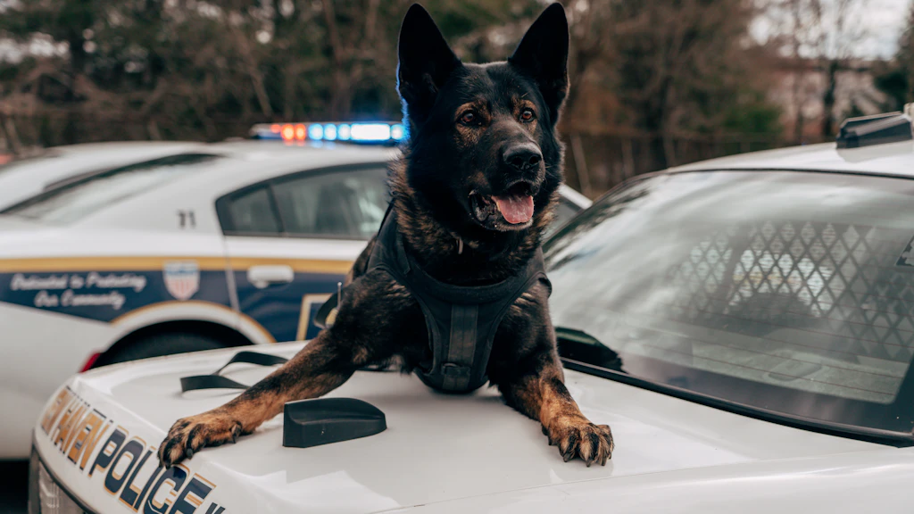 Perro policial entrenado junto a vehículos de servicio