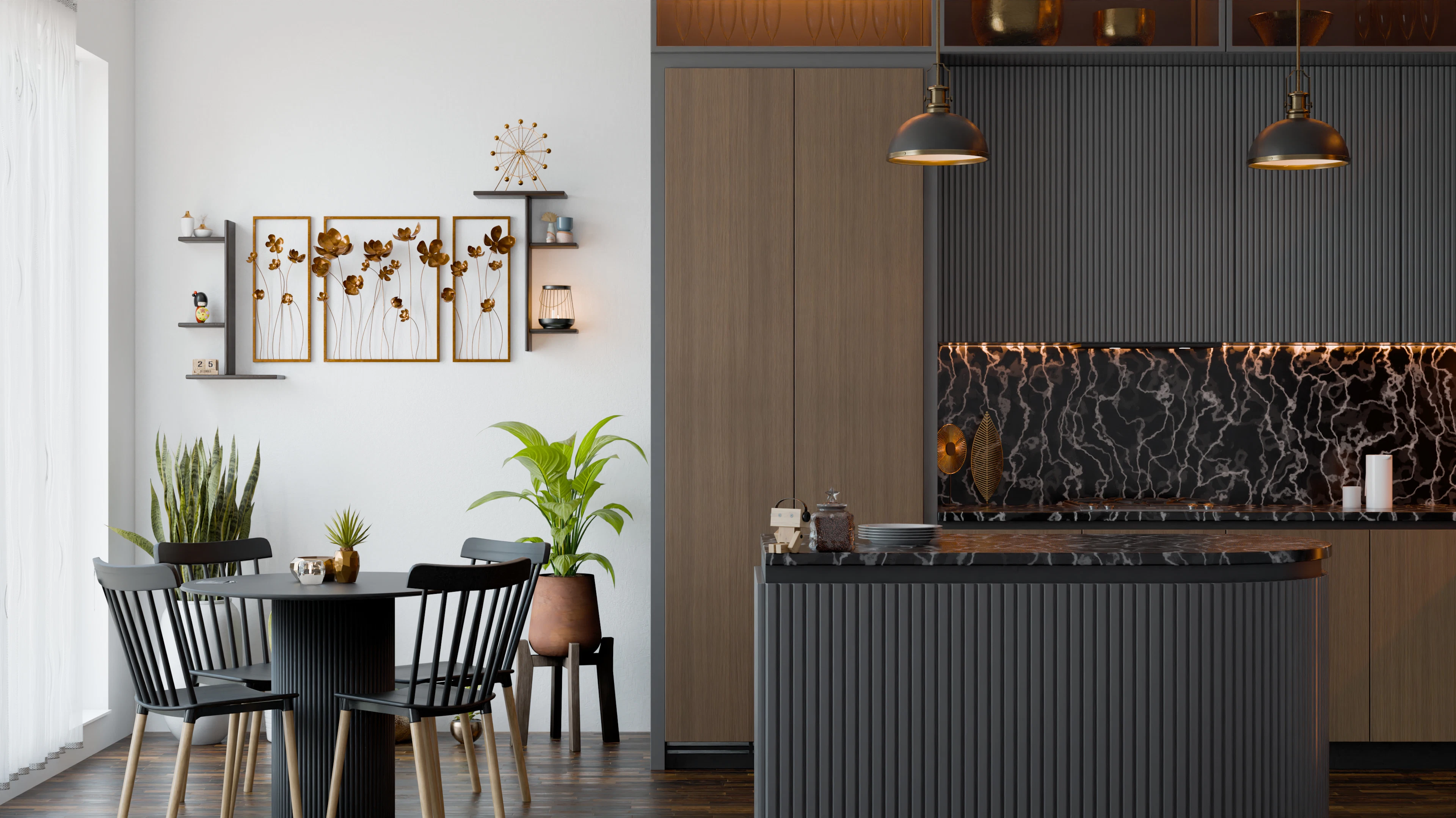 Kitchen and dining area with a table and chairs